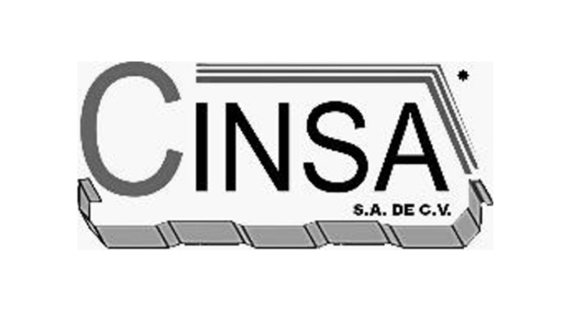 Logotipo en blanco y negro de CINSA S.A. de C.V. con letras grandes y una estructura en la parte superior derecha.