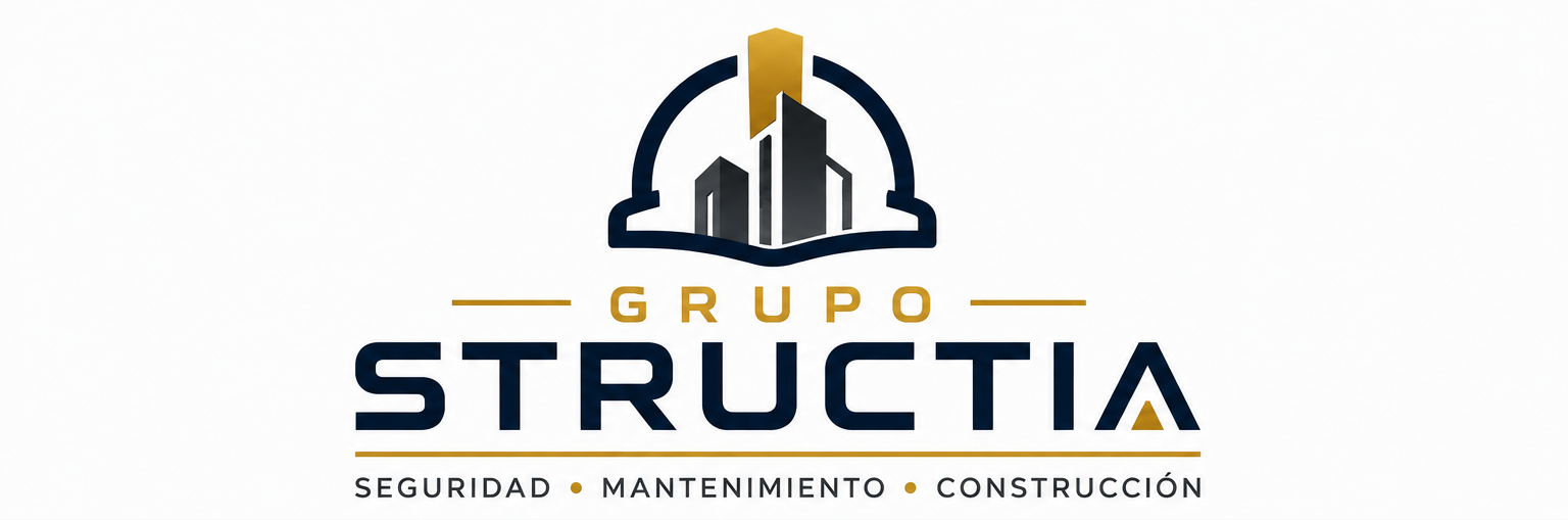 Logotipo del Grupo Estructia que incluye una figura de edificios y una especie de arco. Texto que dice "Grupo Estructia" y debajo "Seguridad, Mantenimiento, Construcción".