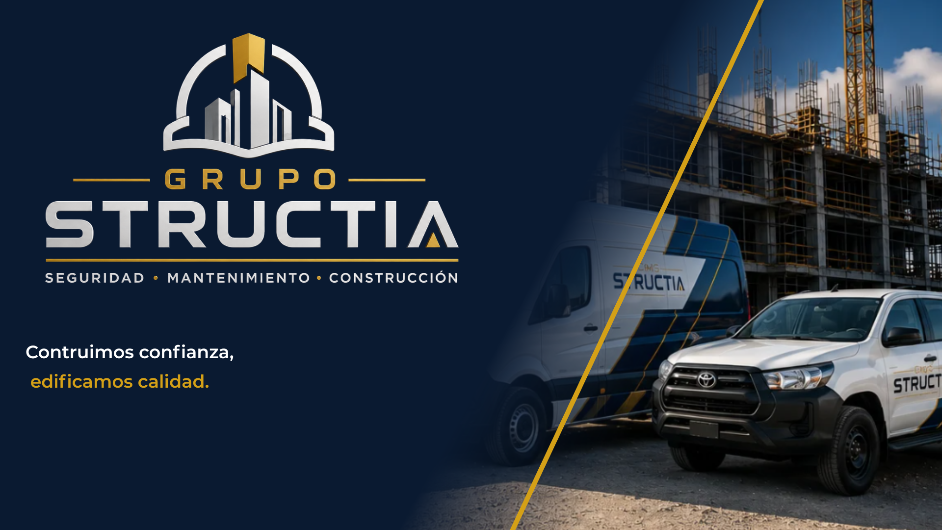 Logotipo de Grupo Estructia con edificios y construcción en el fondo, y vehículos de trabajo en primer plano, en un cartel de construcción y mantenimiento.