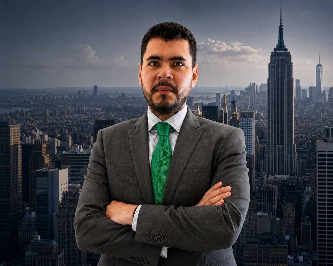 Hombre con barba y bigote en traje gris con corbata verde, de pie con los brazos cruzados frente a un fondo de skyline de Nueva York con edificios altos y cielo nublado.