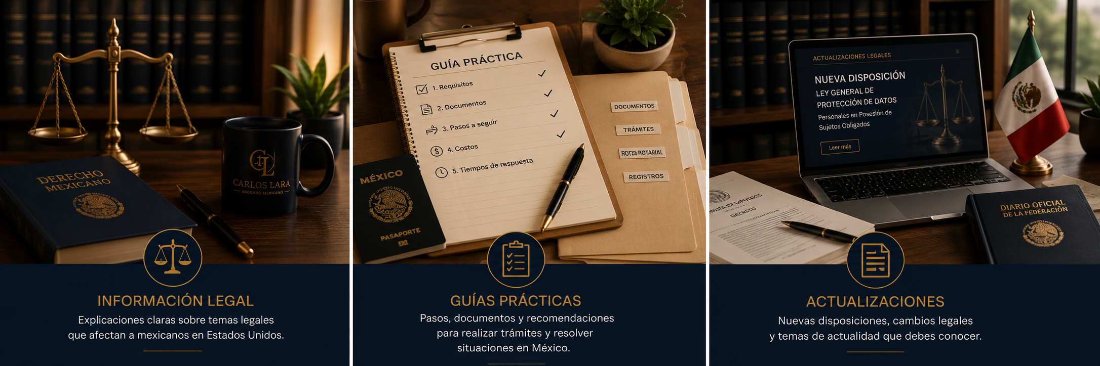 Tres secciones de una página con temas legales y documentales. La primera muestra un libro azul titulado "Derecho Mexicano" junto a una taza negra con el nombre "Carlos Lara" y una balanza dorada de la justicia. La segunda presenta una libreta titulada "Guía Práctica" con una lista de pasos y documentos, acompañada de un pasaporte mexicano y varios archivos etiquetados en una mesa de madera con plantas verdes. La tercera muestra una pantalla de laptop con un sitio web de actualizaciones legales, un libro titulado "Diario Oficial de la Federación," y una pluma negra, con una bandera de México de fondo.