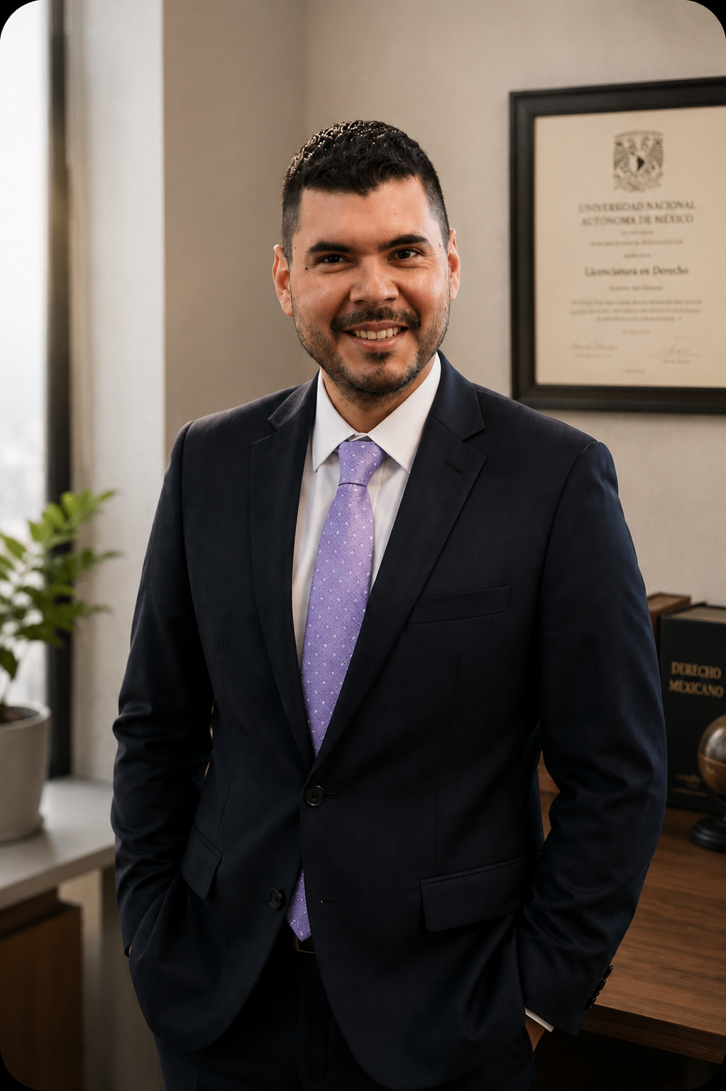 Hombre con traje oscuro y corbata lila sonriendo en una oficina, con diplomas en la pared y plantas en la ventana.