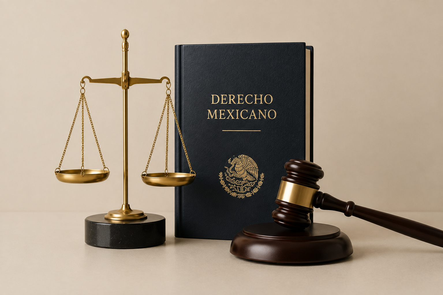 Libro titulado 'Derecho Mexicano' con balanza de justicia y mazo de juez sobre mesa
