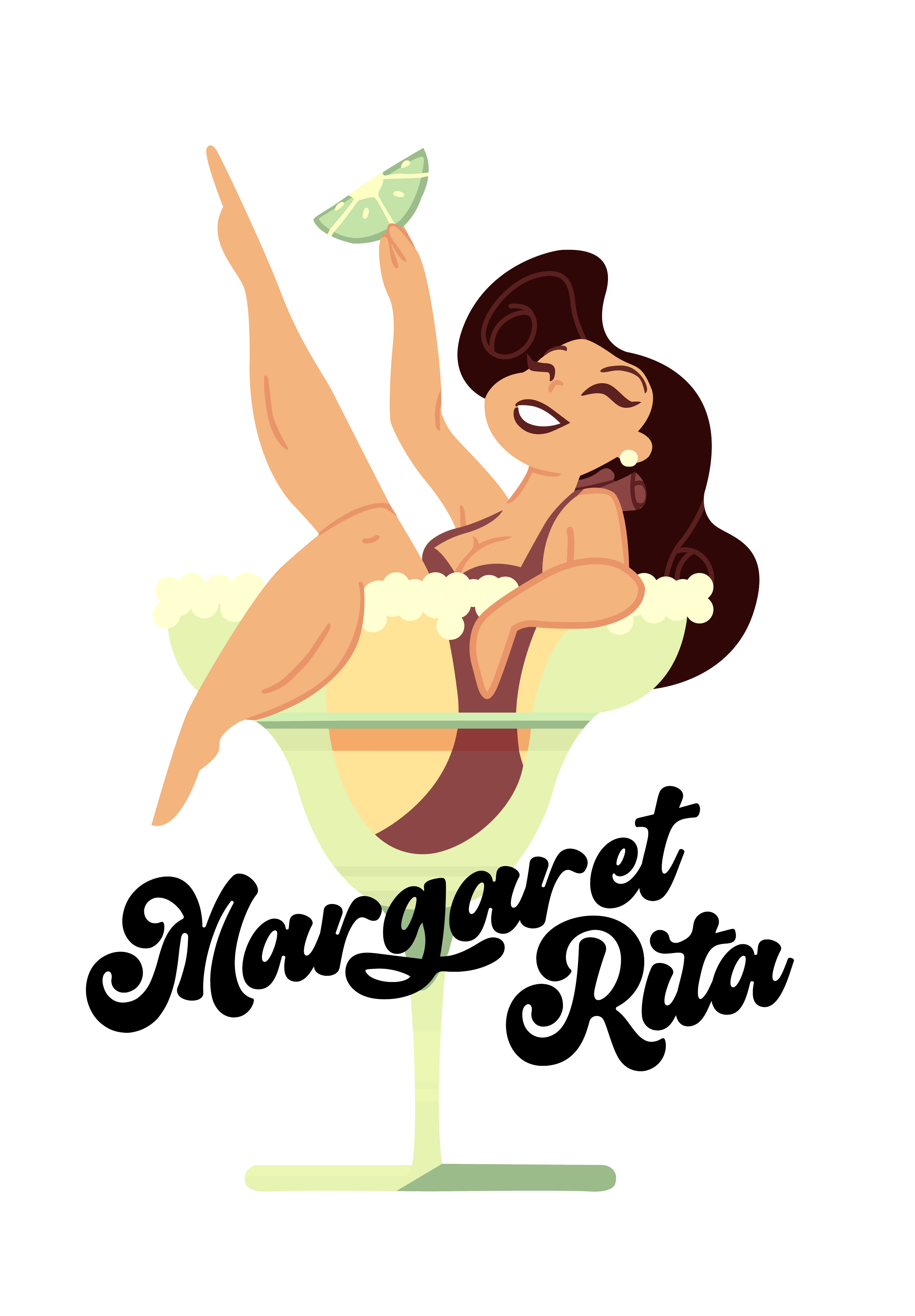 Text with a cocktail glass filled with a drink, garnished with a lime wedge, and a smiling cartoon woman with long brown hair, earrings, and a revealing dress, holding the drink. The text reads 'Margott Margarita.'