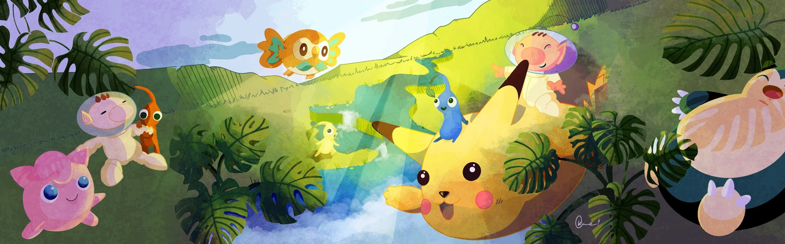 Colorful illustration of whimsical animals and children in a lush jungle with a stream, including a lion, a pig, a bird, and children in space suits.