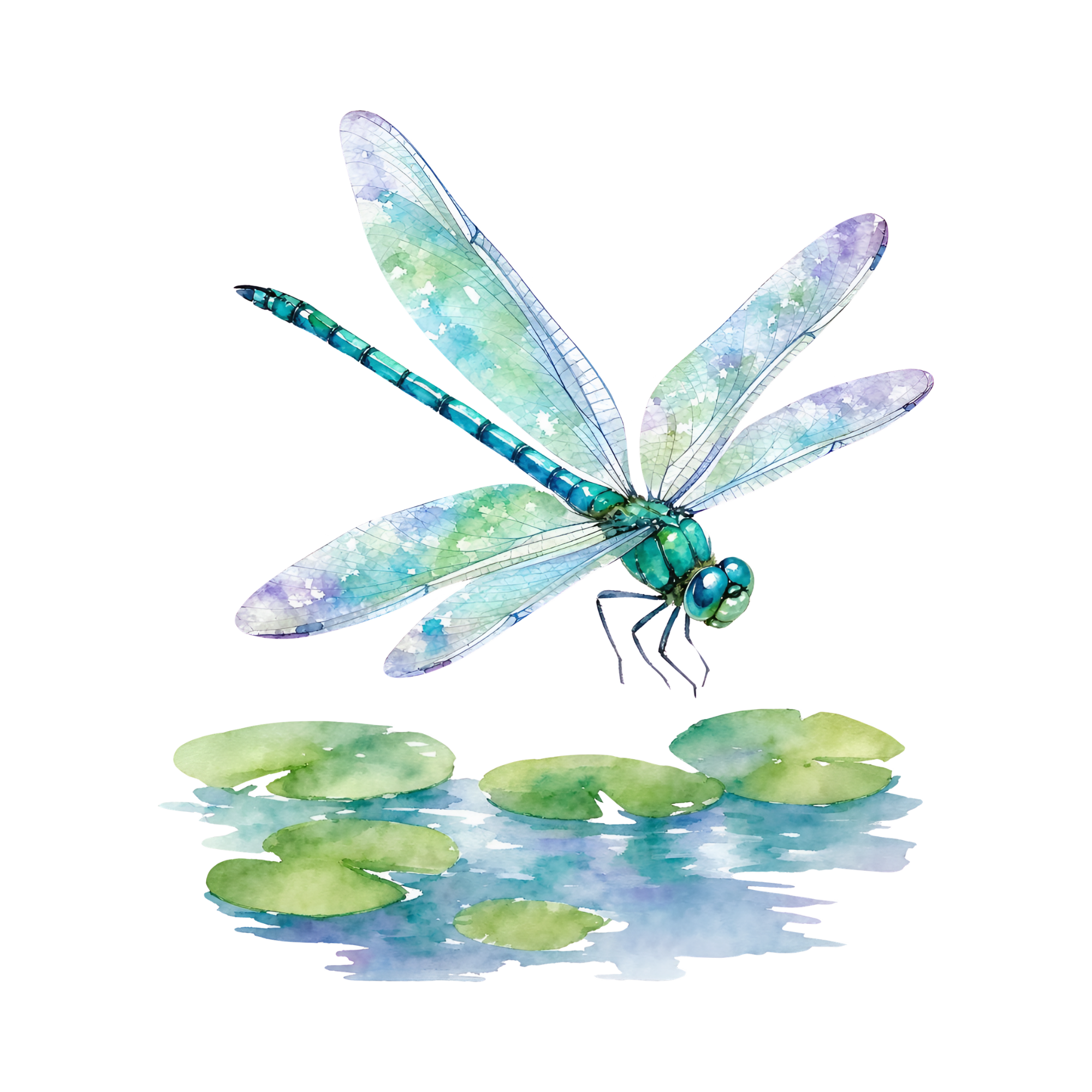 Watercolor illustration of a blue and green dragonfly with lily pads on a pond.