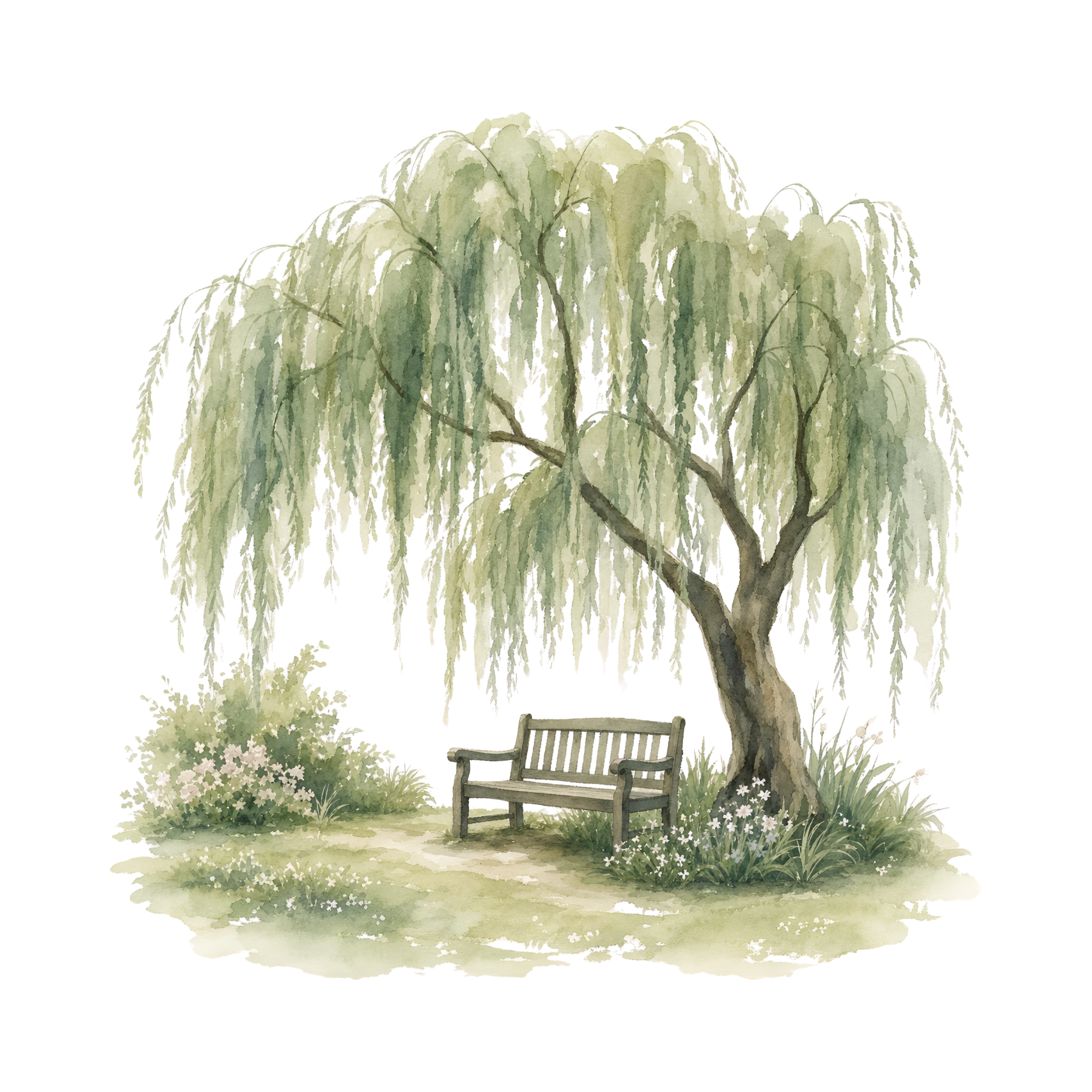 Watercolor painting of a park scene with a weeping willow tree, a wooden bench beneath it, and lush greenery.