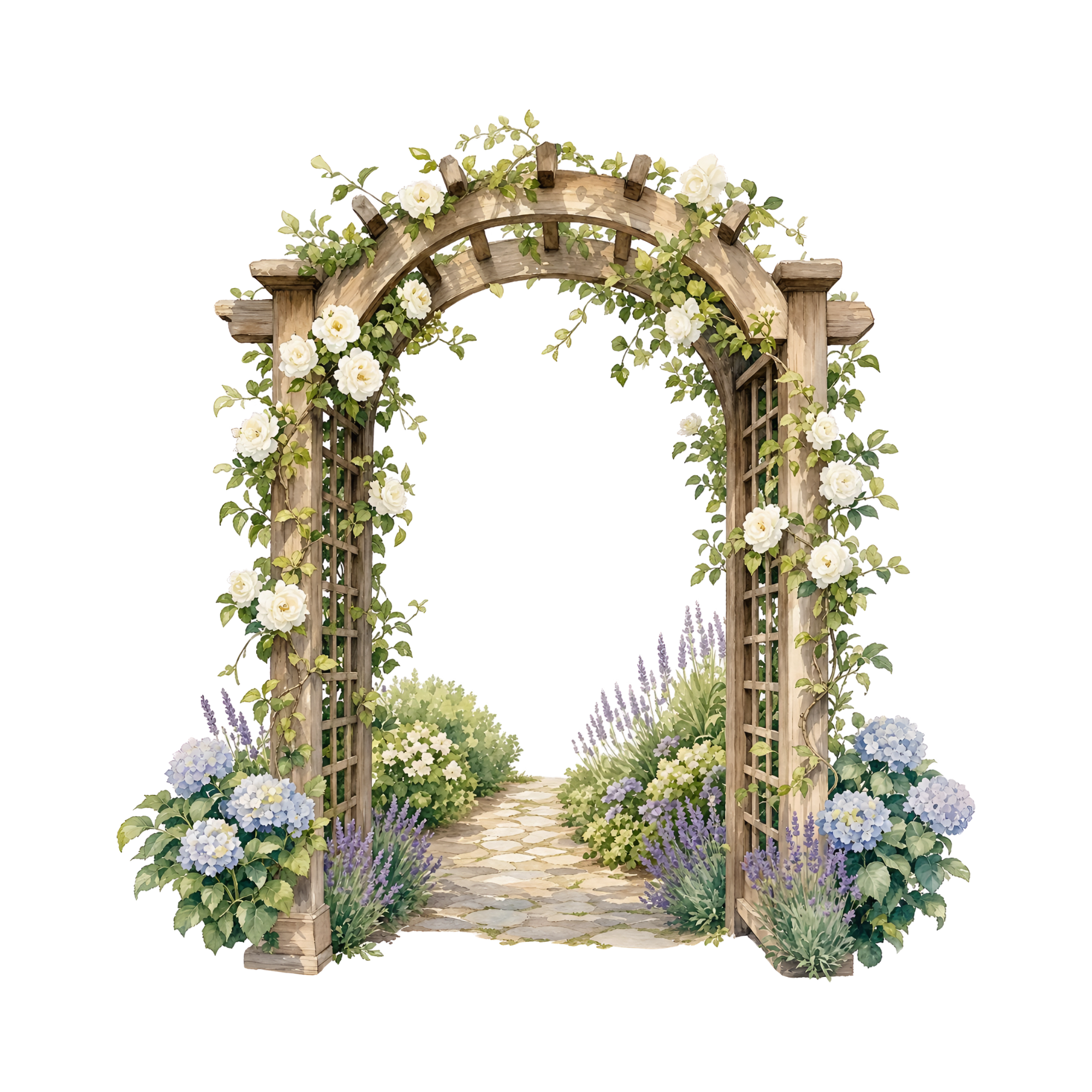 A garden arch made of wood, decorated with white roses and greenery, with a stone pathway leading through it, surrounded by purple and blue hydrangea flowers.