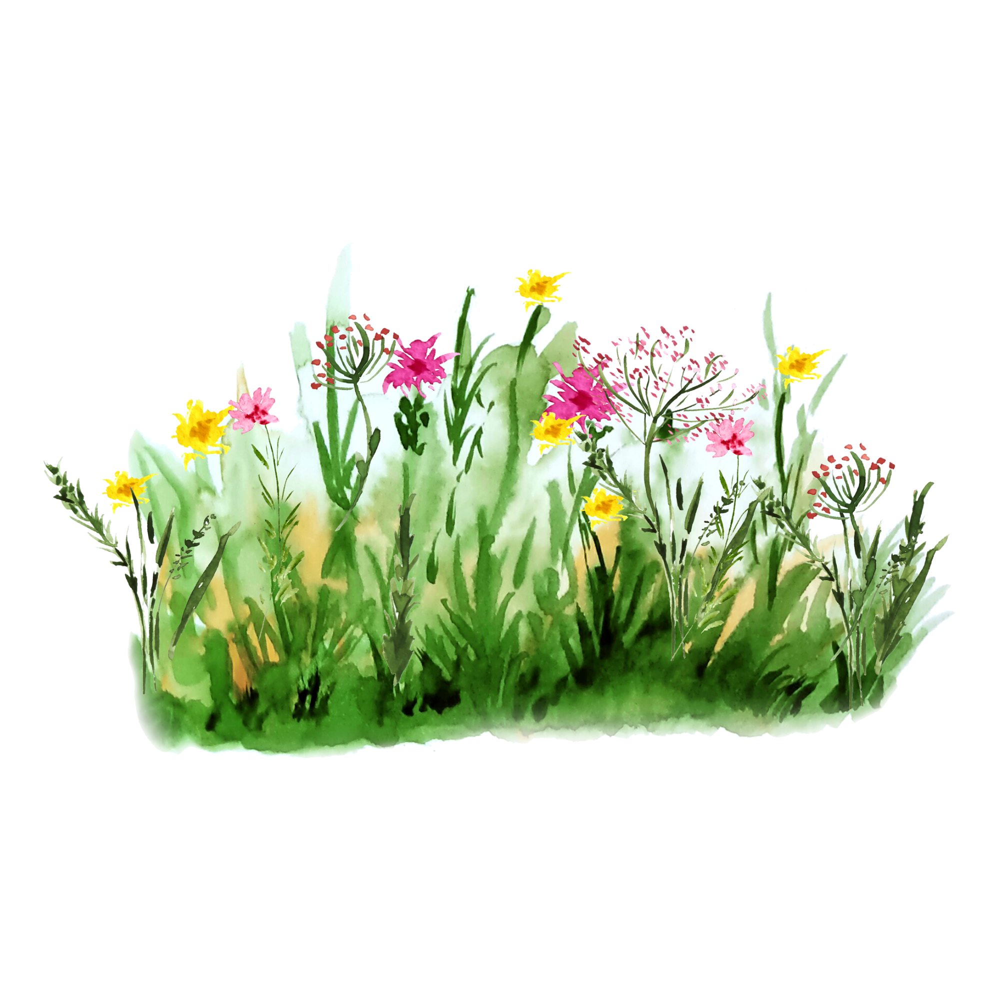 Watercolor painting of various flowers in a white container, with colors like pink, yellow, and green.