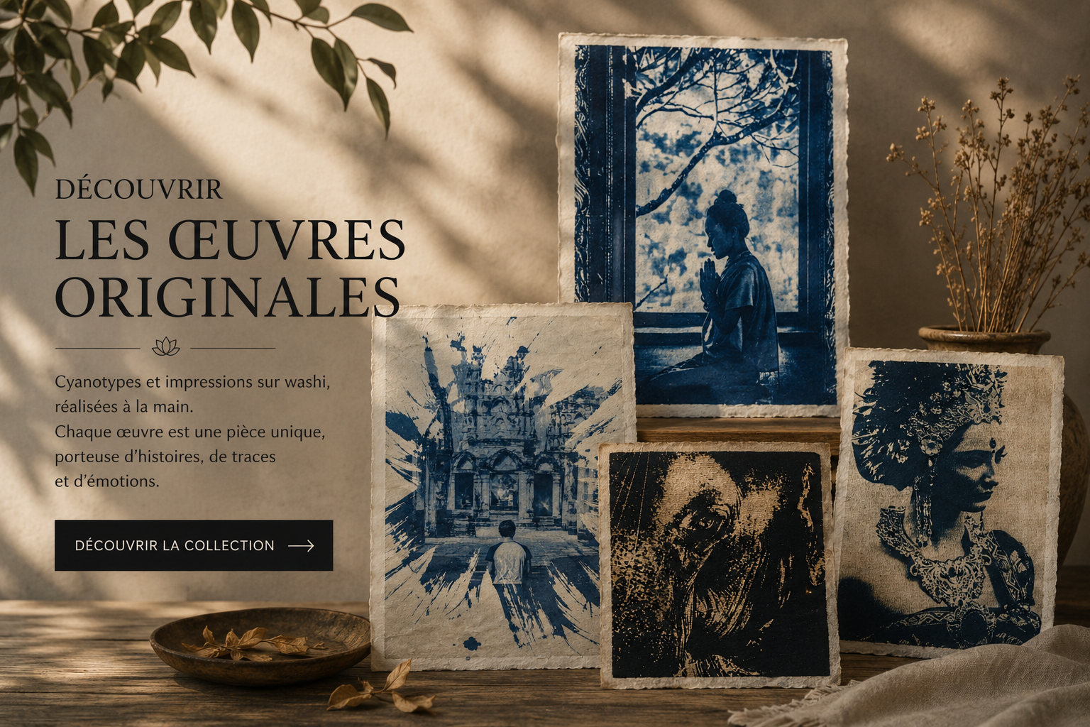 Affiche annonçant la découverte d'œuvres artistiques originales réalisées à la main avec des cyanotypes, représentant des images de personnes, paysages et objets, sur un fond chaud avec des feuilles séchées et un vase de plantes.