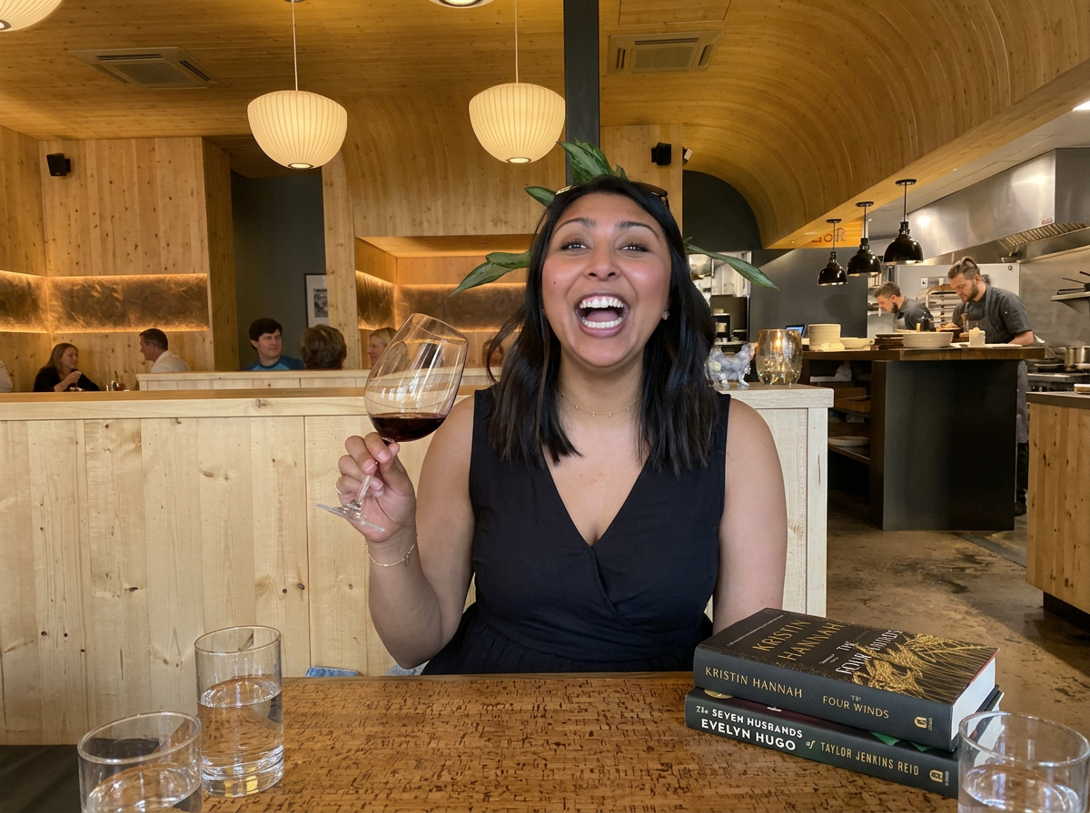 A woman with dark hair wearing a black sleeveless dress, glasses on her head, and a leafy headpiece, holding a glass of red wine and smiling in a wooden restaurant. There are three books on the table in front of her.