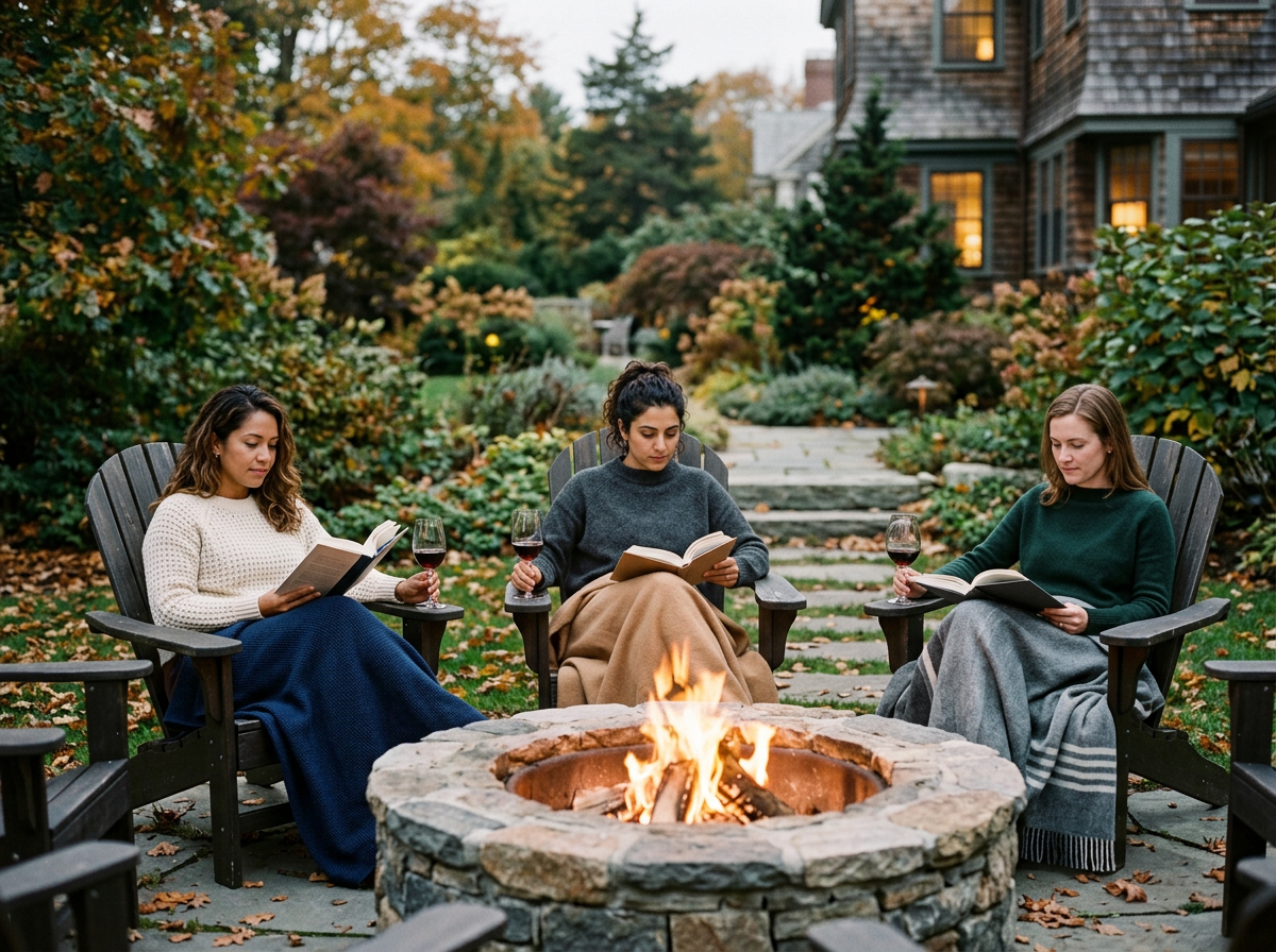 Three women sitting around a fire pit in Adirondack chairs, reading books and drinking red wine in a backyard garden with autumn foliage.