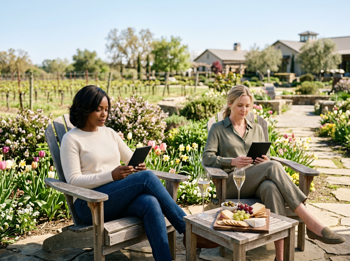Two women sitting in wooden chairs outdoors, using tablets, with a table of cheese, grapes, and champagne glasses in front of them, in a garden with flowers and a house in the background.