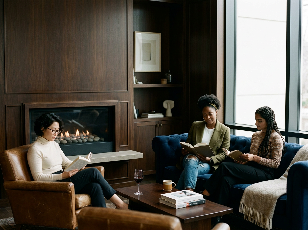 three women sitting by a fireplace quietly reading their books