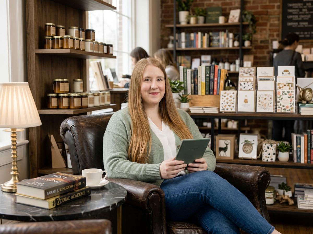 A woman with long red hair sitting in a leather armchair in a bookstore or cafe, holding a tablet, with books, a cup, and a lamp on a side table nearby.