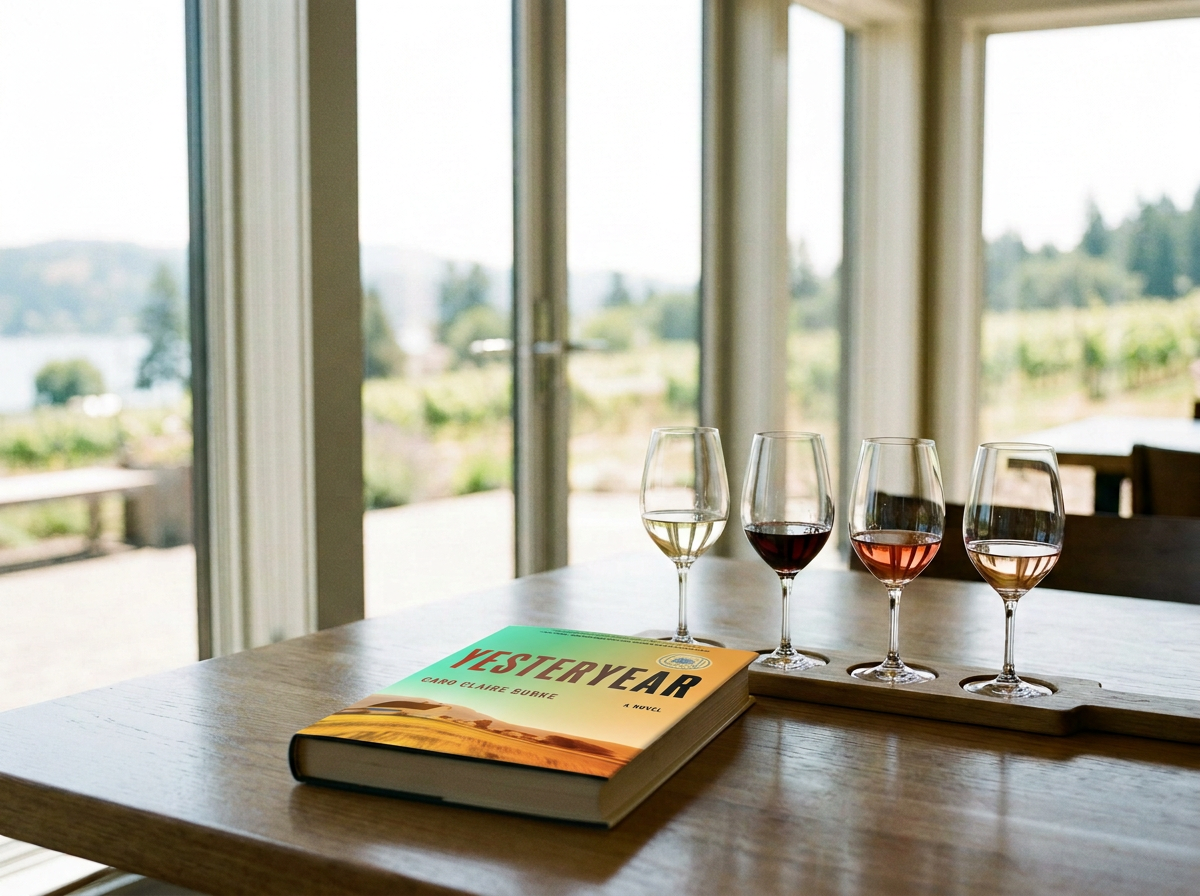 a flight of wine with four tastings and a book sitting on a table