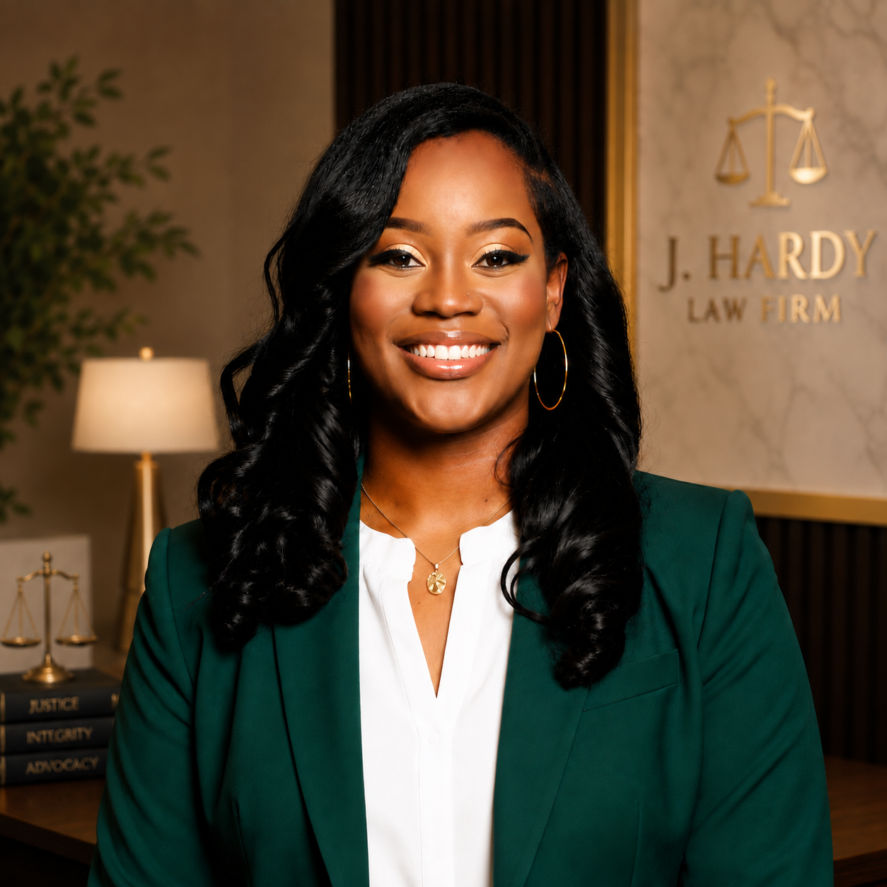 Professional woman with long black hair, wearing gold hoop earrings, a gold pendant necklace, white blouse, and green blazer, smiling in a law office with a sign that reads "J. Hardy Law Firm" in the background.