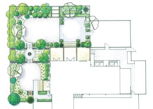 Landscape garden design plan featuring trees, shrubs, pathways, a patio area, and lawn sections.