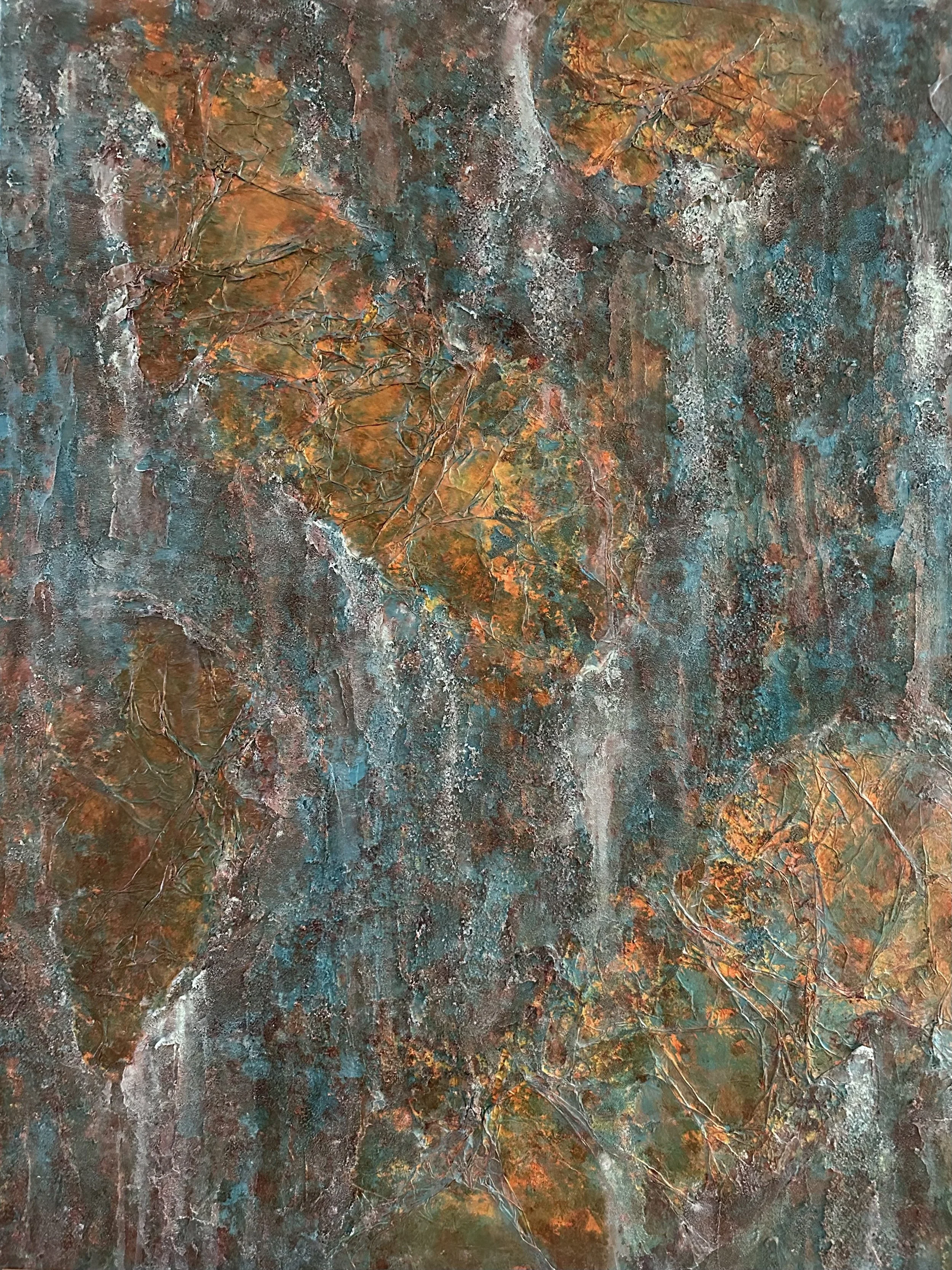 Abstract textured painting with shades of blue, orange, brown, and hints of white, featuring layered paint and crackle effects.