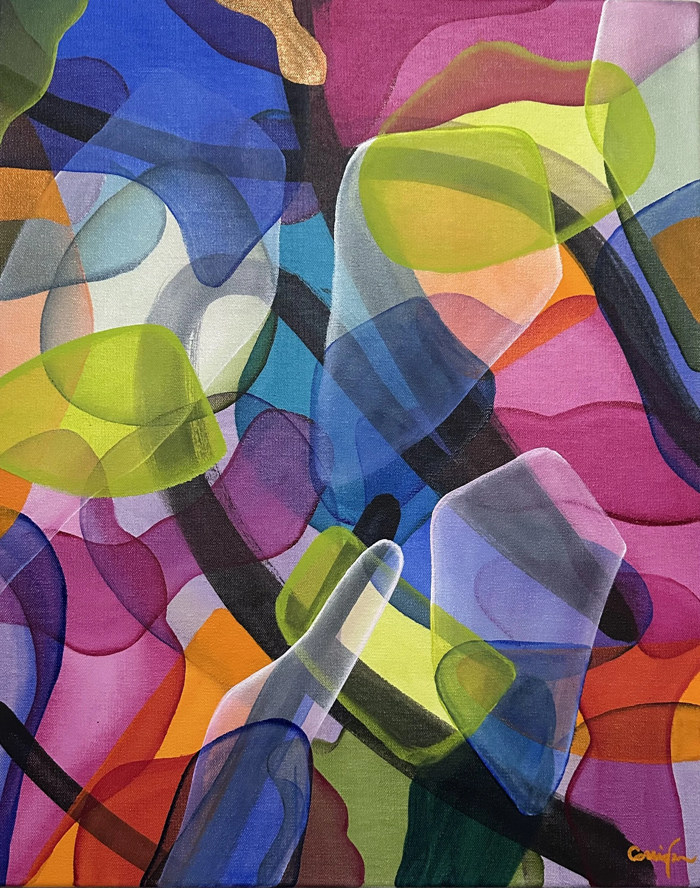 Abstract painting with overlapping shapes in vibrant colors like pink, purple, blue, green, orange, and black, creating a layered and textured composition. The artist's signature, in orange, is visible in the bottom right corner.