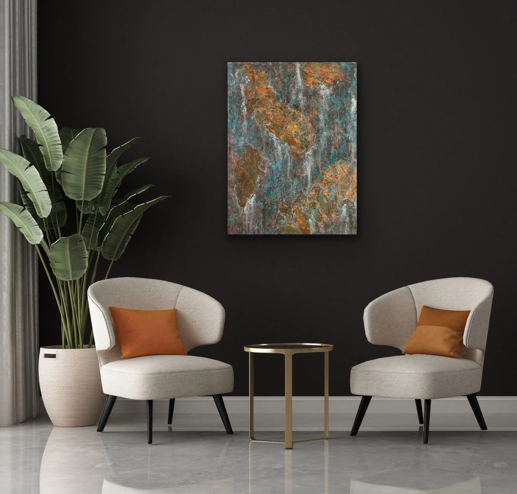 Living room with two beige armchairs with orange pillows, a small side table, black wall, abstract painting with blue, orange, and white colors on the wall, large green plant in a white pot, and a shiny gray floor.