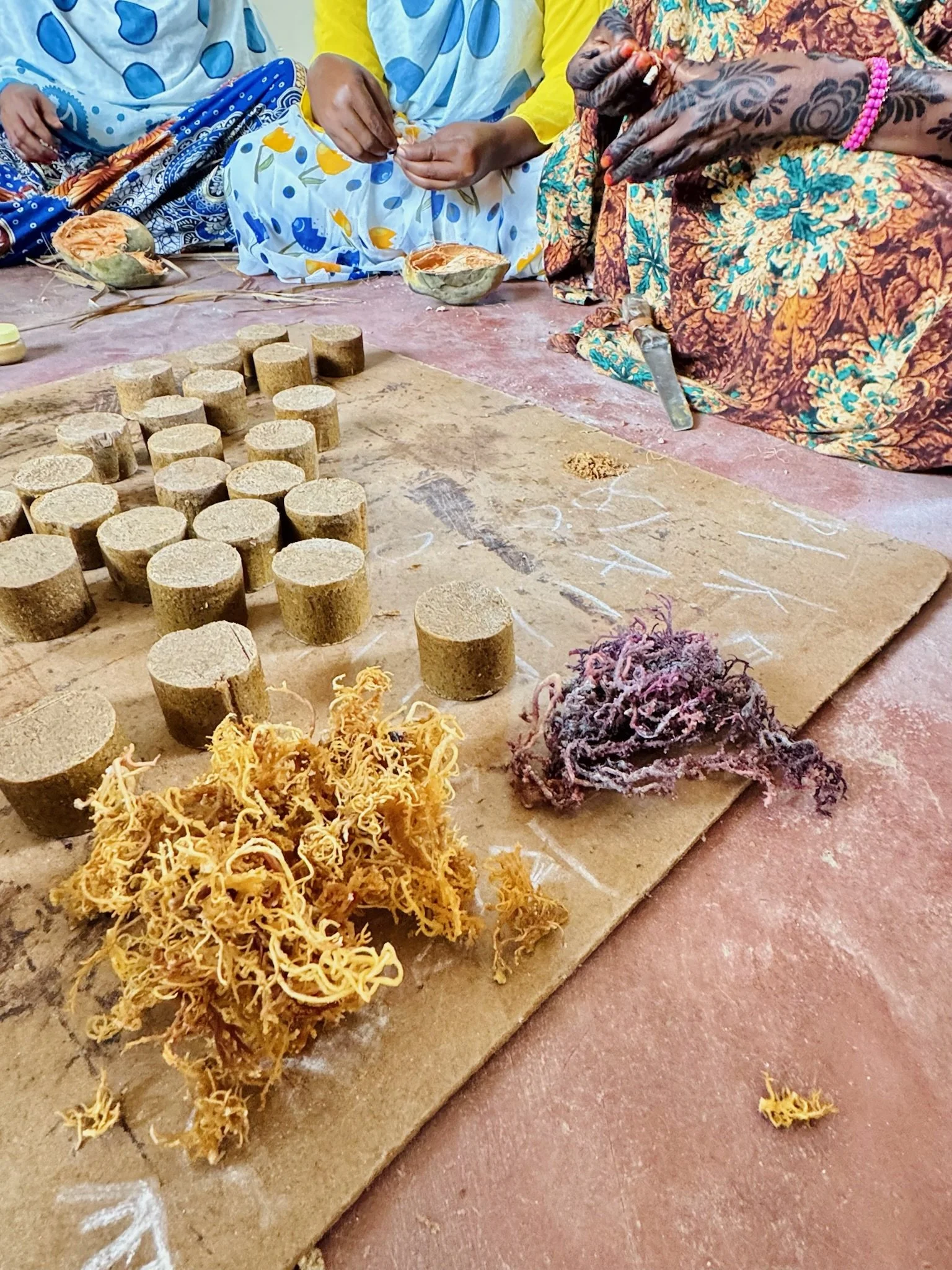 People sitting on the ground, working with dried plant materials and cylindrical objects on a wooden surface, with chalk markings and colorful cloths.