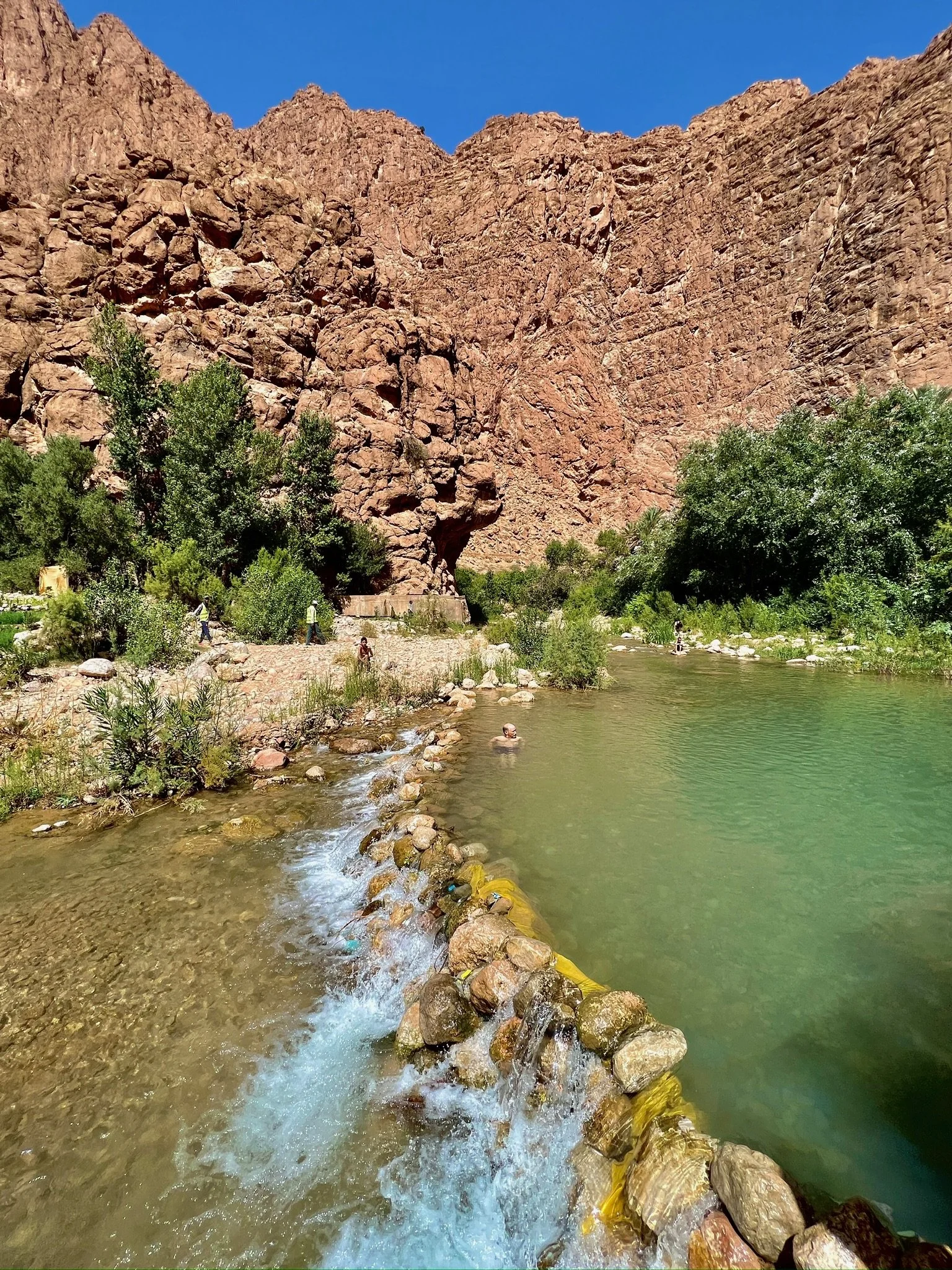 View of a river flowing through a valley with green trees along the bank and large reddish-brown rocky mountains in the background under a clear blue sky.