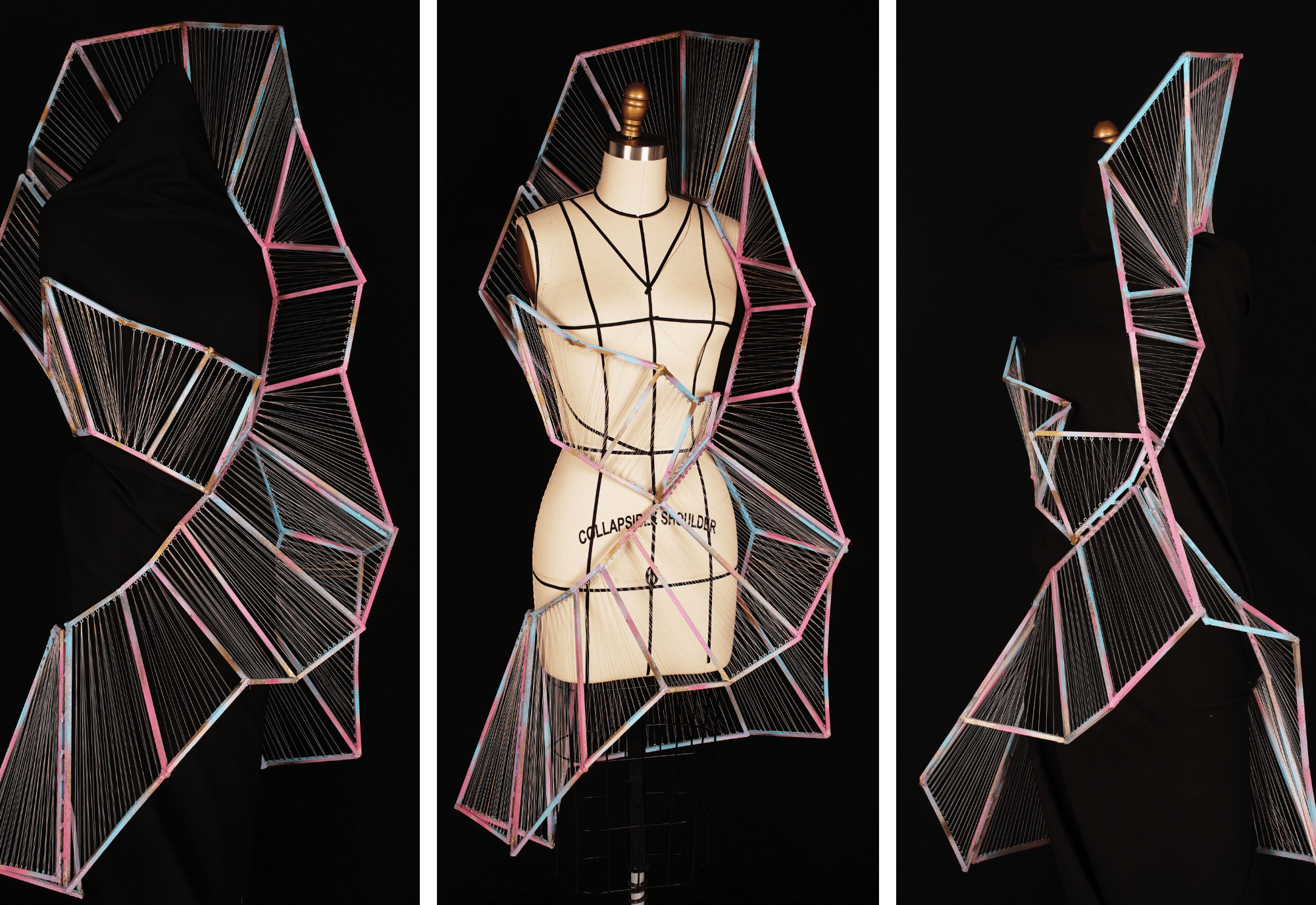 A multi-panel display featuring a dress form with a wireframe dress and a large geometric, accordion-like structure made of connected metal rods with pink, blue, and white accents.