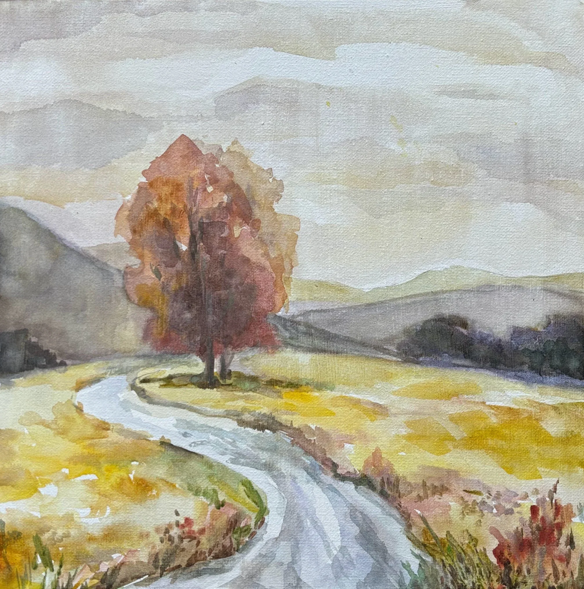 Watercolor painting of a landscape with a large mountain, trees, and sky with clouds in soft pastel colors.