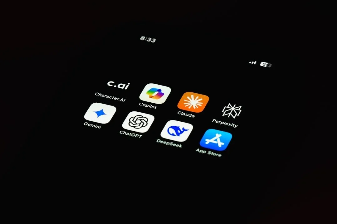 A smartphone screen displaying icons of various AI-related apps, including Character.AI, Copilot, Claude, Perplexity, Gemini, ChatGPT, DeepSeak, and App Store, with a black background.