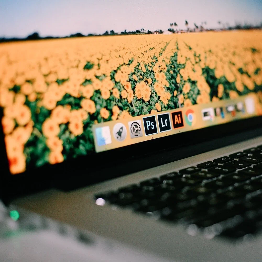 Close-up of a laptop screen displaying a desktop wallpaper of a vast yellow flower field under a clear sky, with application icons including Photoshop, Lightroom, Illustrator, and Chrome visible at the bottom. The laptop keyboard is partially visible.