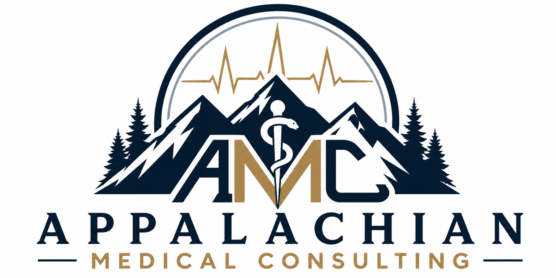 Logo for Appalachian Medical Consulting featuring mountain peaks, pine trees, a caduceus symbol, and a heart rate line.
