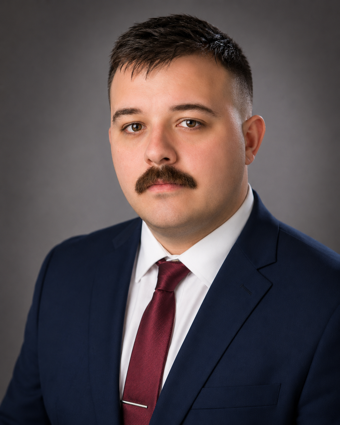 A man with a mustache in a navy suit and white shirt, wearing a maroon tie, posing against a gray background.