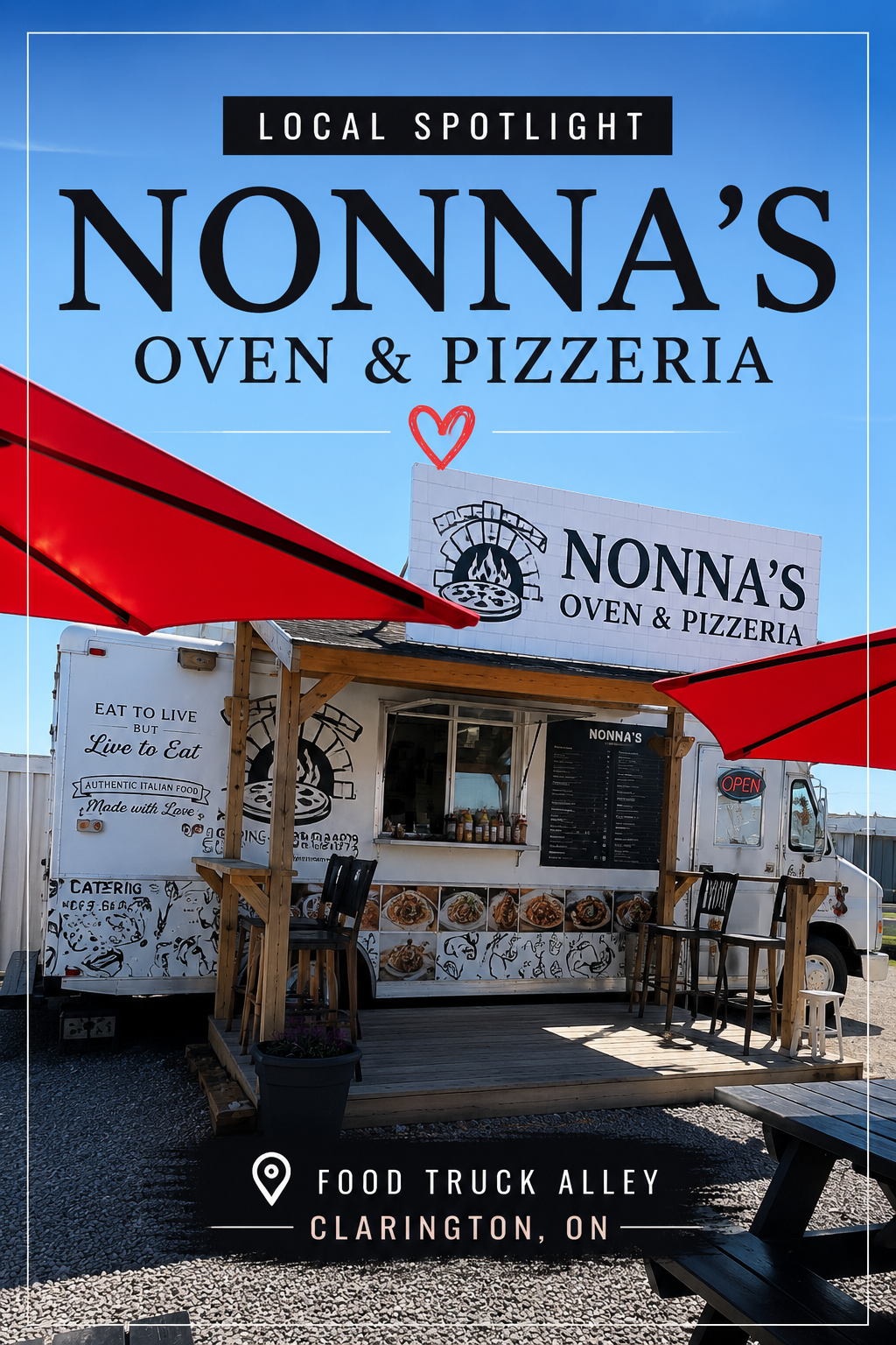 Photo of a food truck called Nonna's Oven & Pizzeria, with red umbrellas and outdoor seating, located in Clarington, Ontario, named Food Truck Alley.