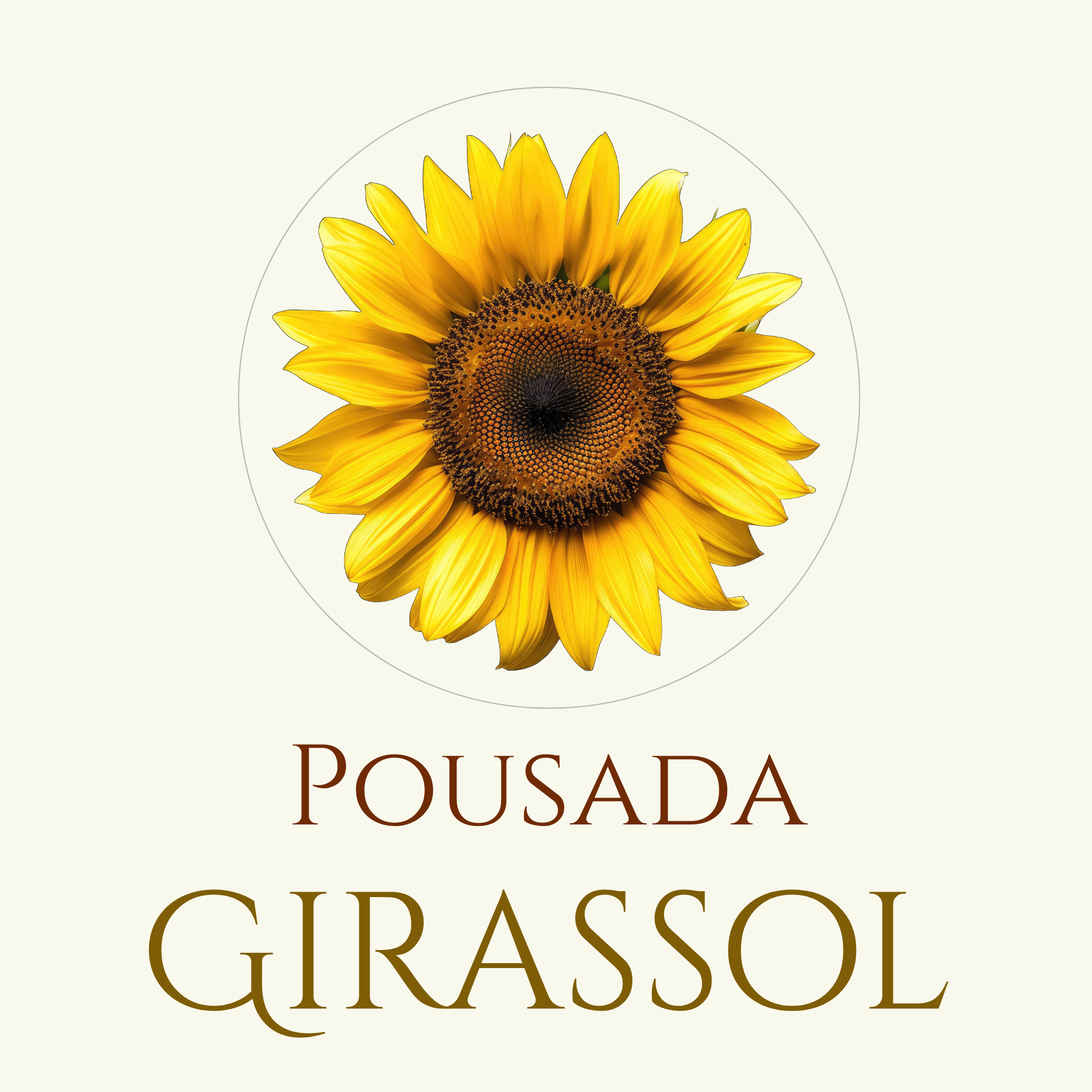 A close-up of a vibrant yellow sunflower with a dark brown center on a light background, displaying the text 'Pousada Ciprasol' beneath it.