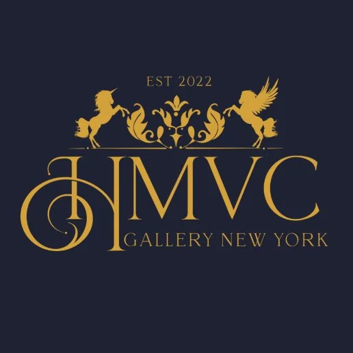 Logo for NMVC Gallery New York featuring two golden unicorns and a decorative floral design on a dark background, established in 2022.