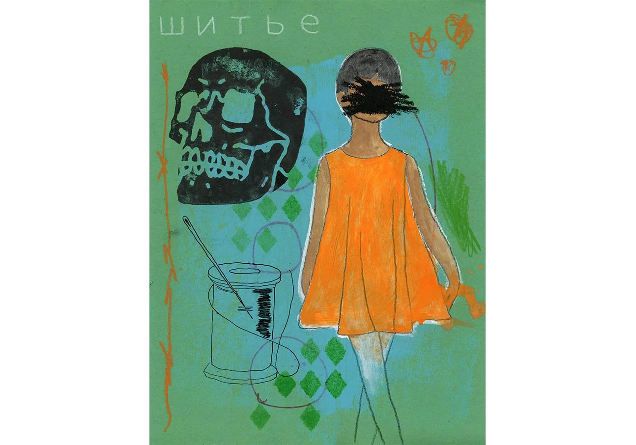 Childhood Girl orange green Sewing Mixed Media Original Artwork Painting.jpg