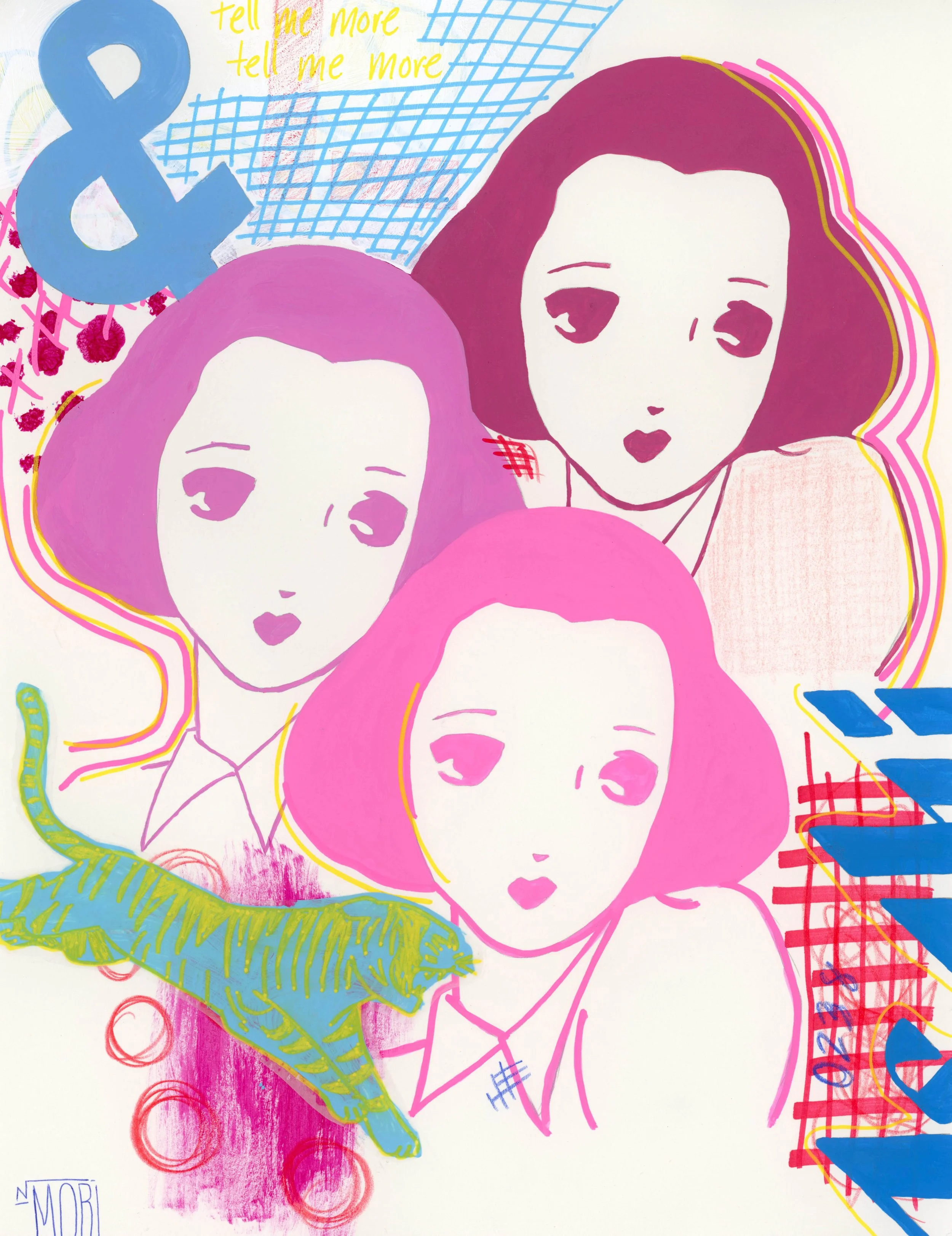 A colorful pop art style illustration of four women with pink and purple hair, with various decorative elements like hearts, grids, and lettering that says 'tell me more' repeated twice. The artwork uses bright colors and bold outlines.