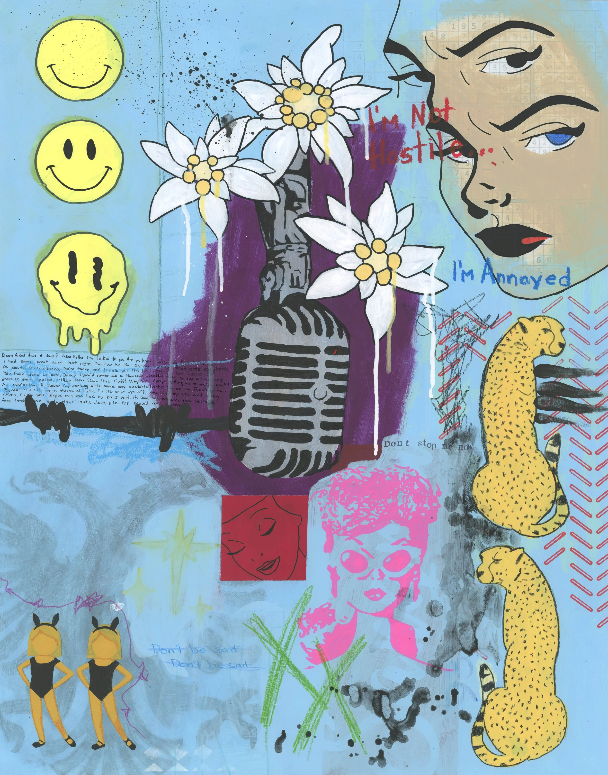 Colorful graffiti-style art featuring multiple smiley faces, a large woman's face with bold makeup, a skeleton with a microphone, a leopard-print figure, two women in black swimsuits, flowers, and various inspirational and provocative phrases including 'I'm Not Hostile,' 'I'm Annoyed,' and 'Don't stop me now.'