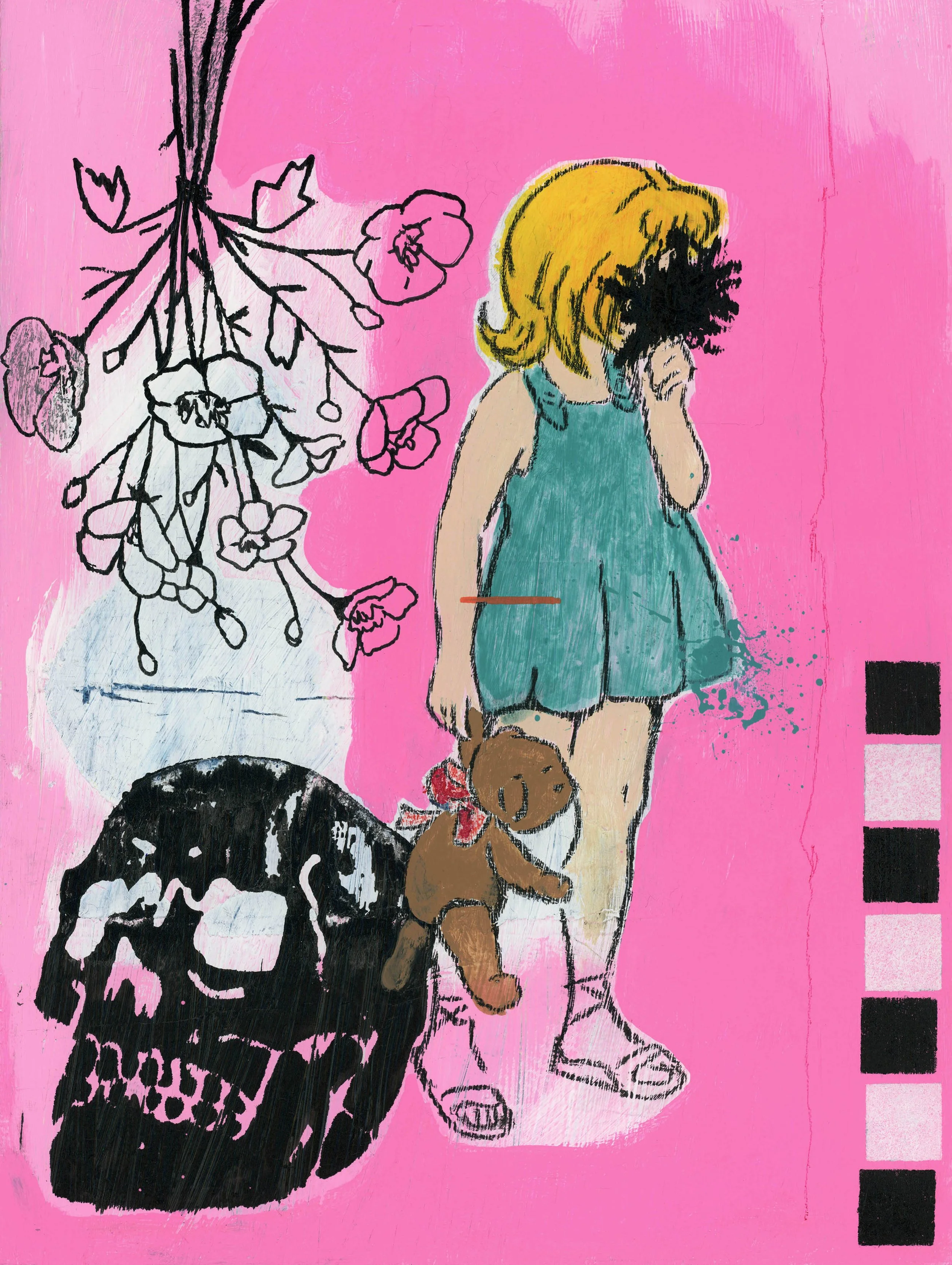 A colorful mixed-media artwork featuring a girl with blonde hair in a teal dress, holding a teddy bear, set against a pink background with black and white illustrations of a skull and flowers hanging upside down