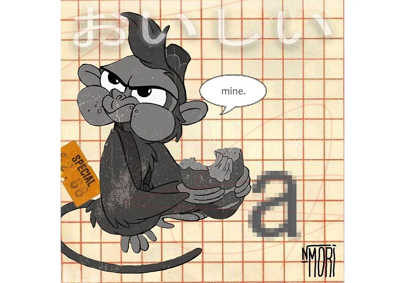 A cartoon monkey holding a piece of bread in its hands, with a speech bubble saying 'mine.' and a background featuring a grid pattern, a pixelated letter 'a', and the name 'MORI' at the bottom right corner.