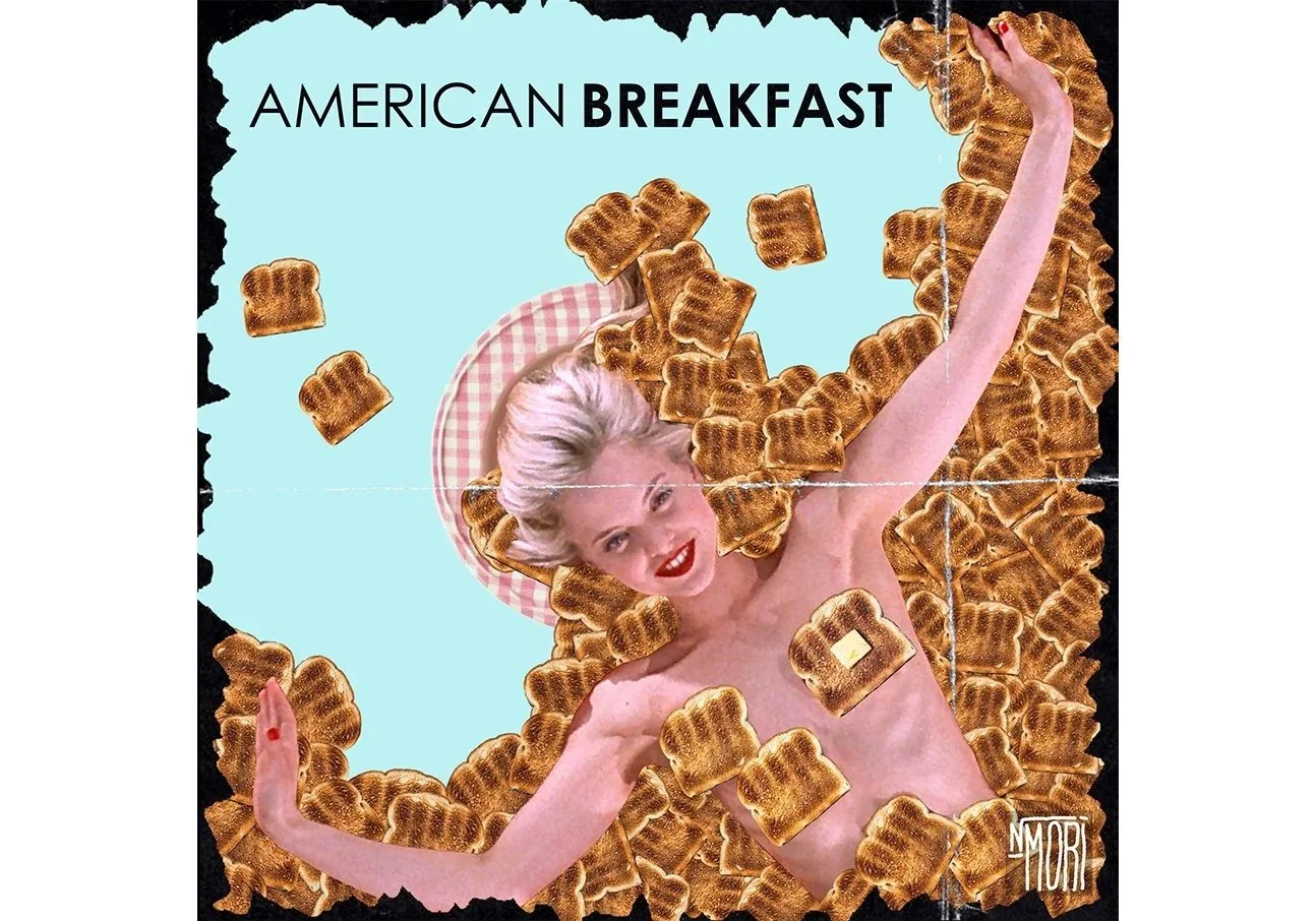 An artwork featuring a woman with platinum blonde hair, red lipstick, and a makeup smile, lying among many burnt toast slices with her arms raised. The background is light blue with the words "AMERICAN BREAKFAST" at the top. The image has an edgy, co