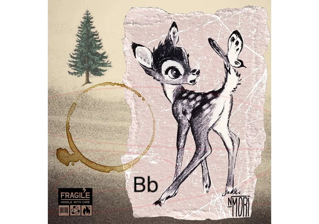 Illustration of a fawn with a large eye and a playful expression, set against a torn, textured background. There's a green pine tree on the left, and a coffee coffee stain ring below it. The letter 'Bb'. Fragile sticker indicates handling with care.