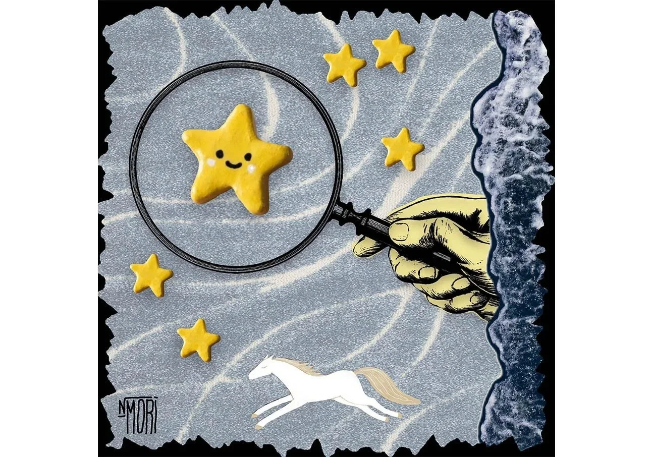 A stylized illustration of a hand holding a magnifying glass over a smiling yellow star-shaped cookie on a textured background with other yellow star cookies, a white unicorn, and a signature in the lower-left corner.