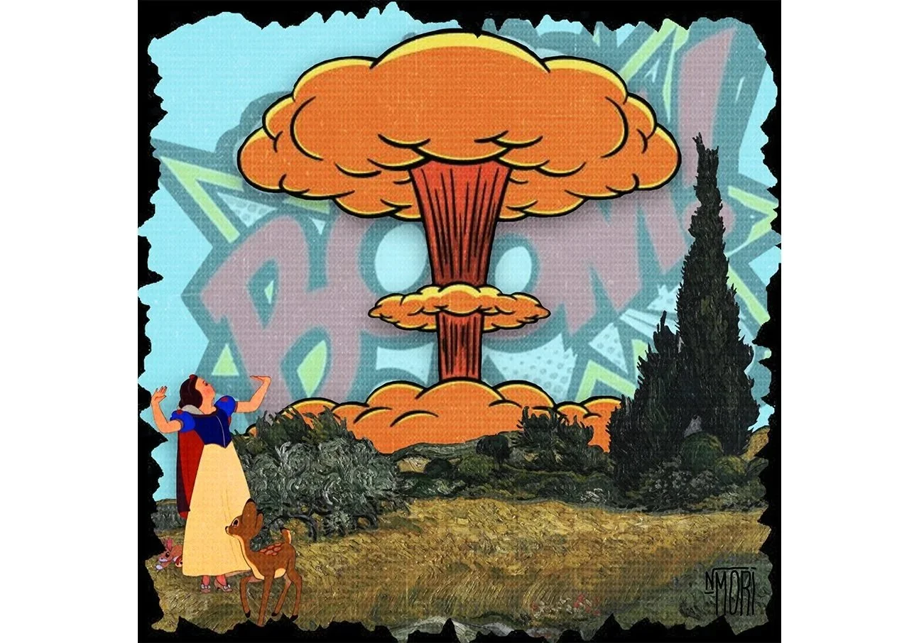 Snow White with a deet and a rabbit looking at a cartoon explosion with orange and yellow mushroom cloud and smoke rising in the background.