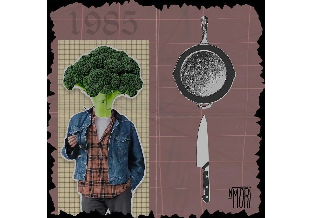 A collage featuring a person with a broccoli head, wearing a denim jacket and plaid shirt, with a graph paper background. To the right, a graphic drawing of a frying pan and a knife, with some text and the word "MORI" at the bottom right corner.