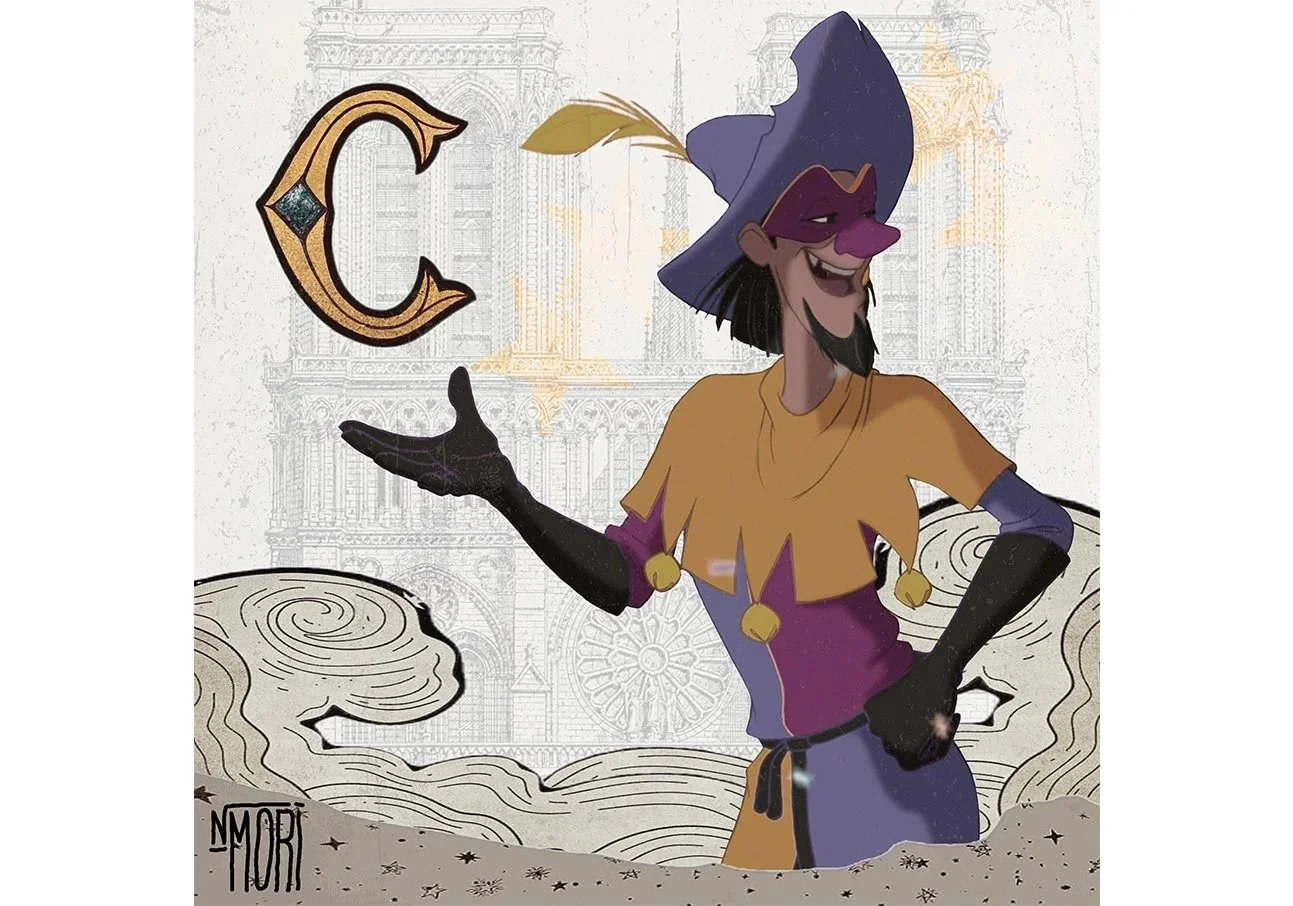 A cartoon illustration of a character dressed as a jester, wearing a purple hat with a feather, purple and gold clothing, and black gloves. The character is holding a golden letter "C" in one hand and has a mischievous expression. The background feat