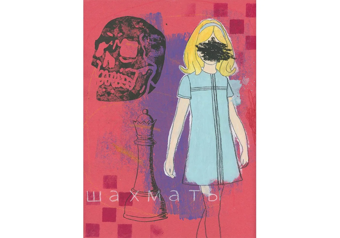 Childhood Girl Blue Dress Chess player Original Art Painting.jpg