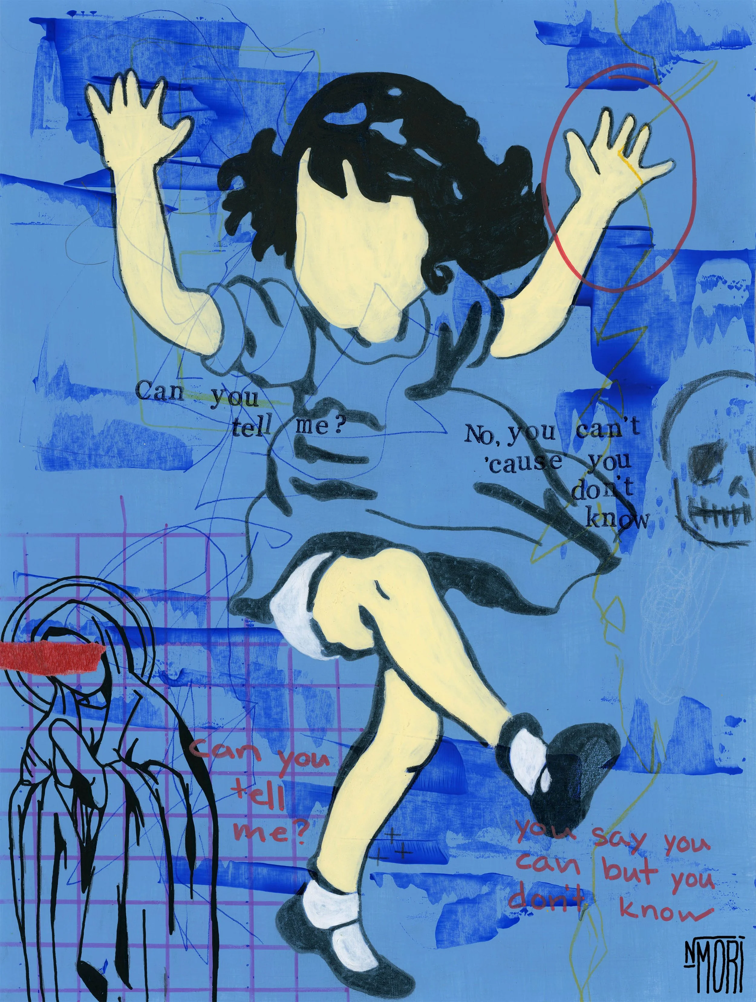 A colorful abstract artwork featuring a stylized child with dark curly hair, light skin, wearing  and black shoes, with arms raised The background is predominantly blue with scribbles, sketches, and text that read, 'Can you tell me?' and 'No, you can't 'cause you don't know.' There are various artistic elements, including lines, shapes, and additional sketches, with the name 'Mori' in the bottom right corner.