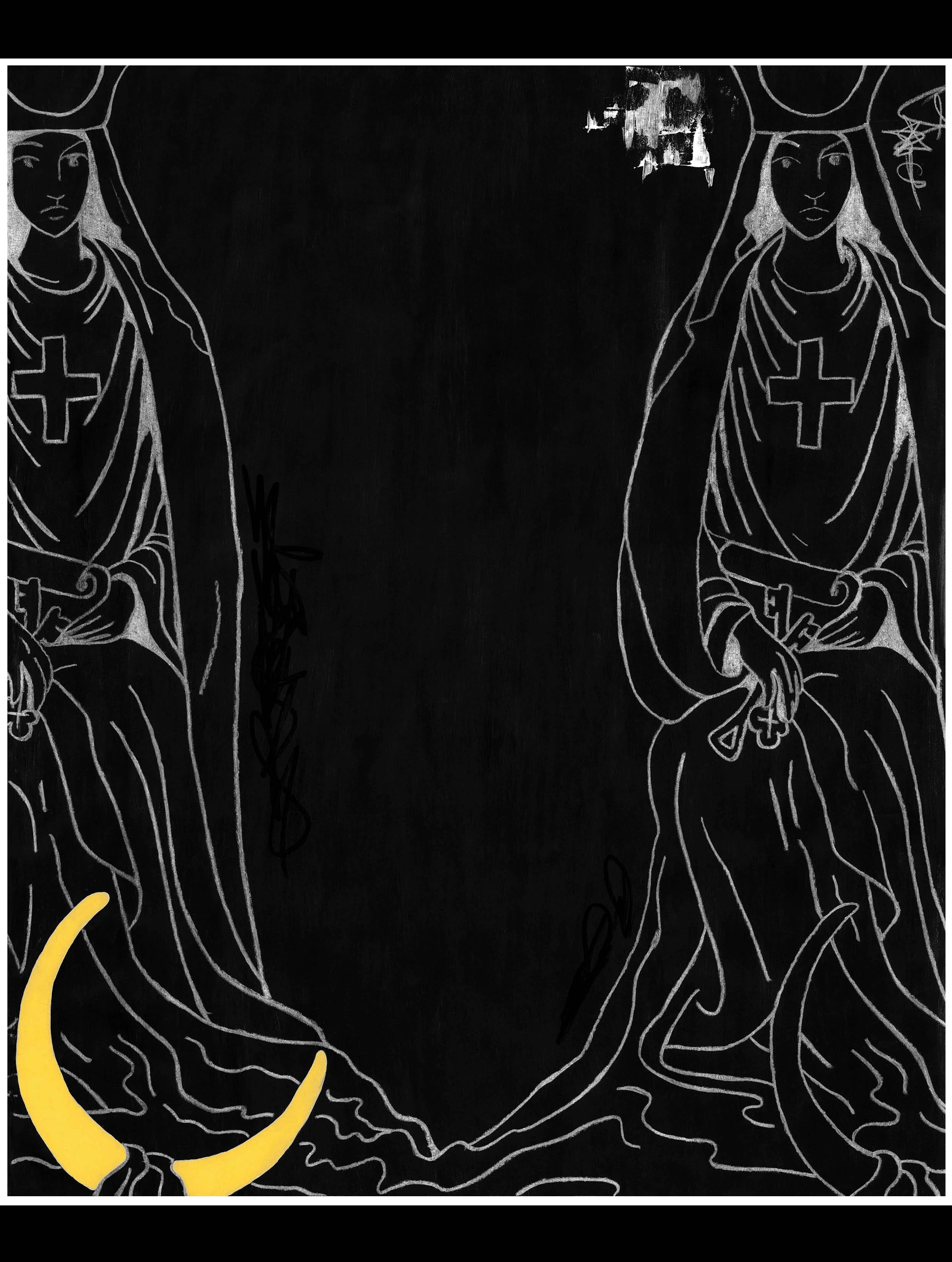 This image shows artistic line drawings of two women with long hair and crosses on their chests, likely representing religious or spiritual figures. The artwork is on a black background with some yellow colored elements and layered textures.